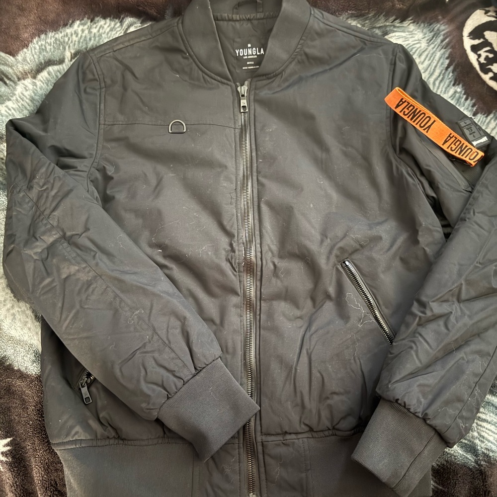 YoungLA Men's Black Bomber Jacket with Orange Accents